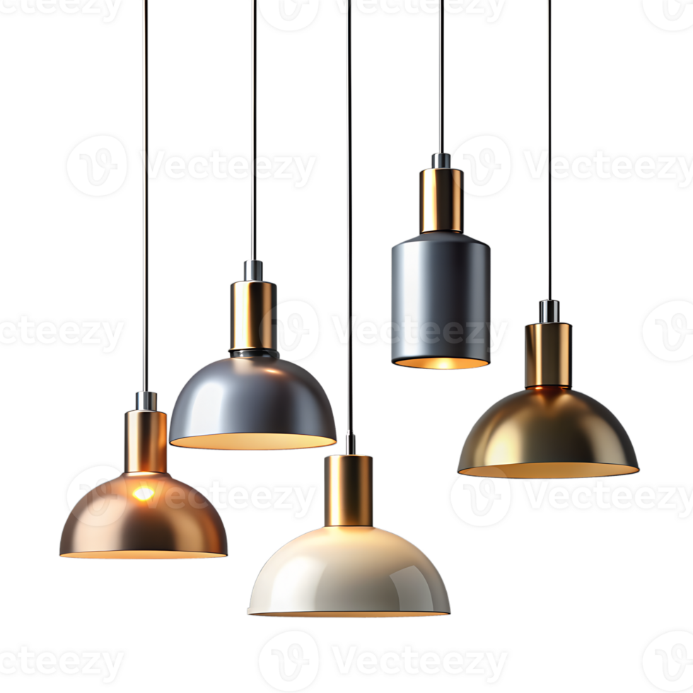 Modern Hanging Pendant Lights in Various Metallic Hues Illuminating the Space png