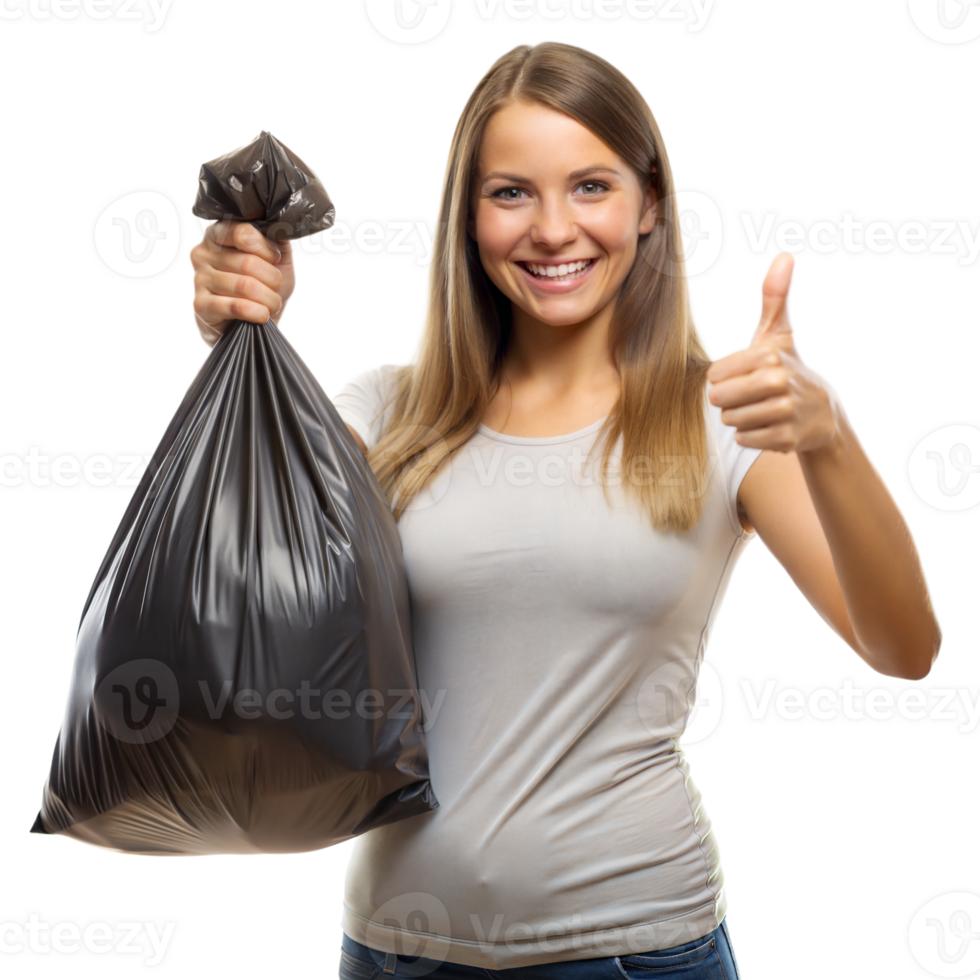 Smiling Young Woman Holding a Trash Bag Giving a Thumbs Up Gesture png