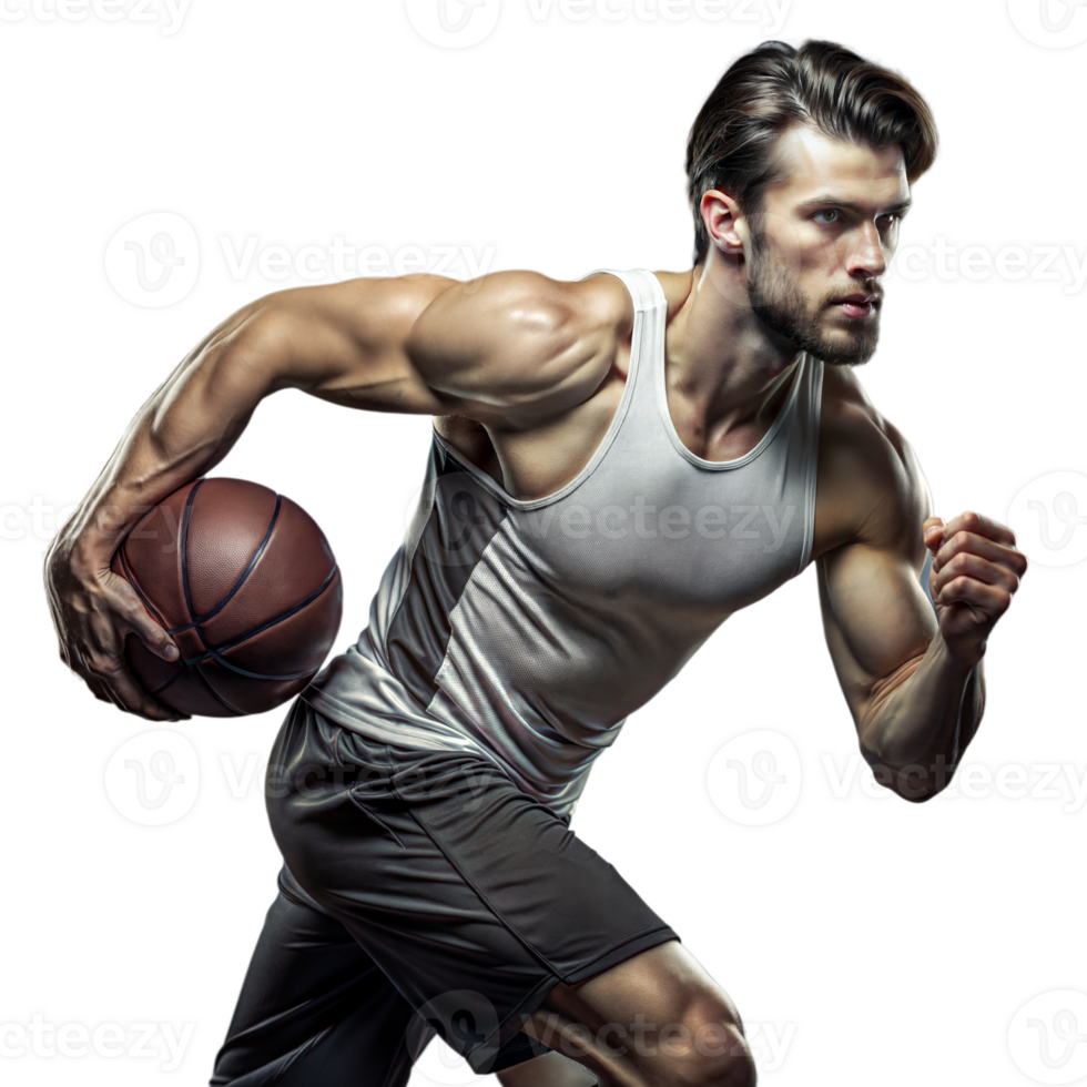Athletic Man Dribbling Basketball in Indoor Setting With Intense Focus and Determination png