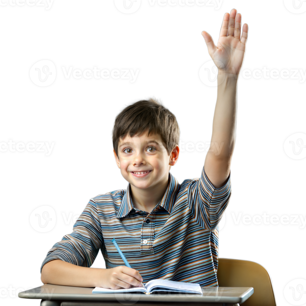 jovem Garoto levantando mão avidamente dentro Sala de aula configuração pronto para responda questão png