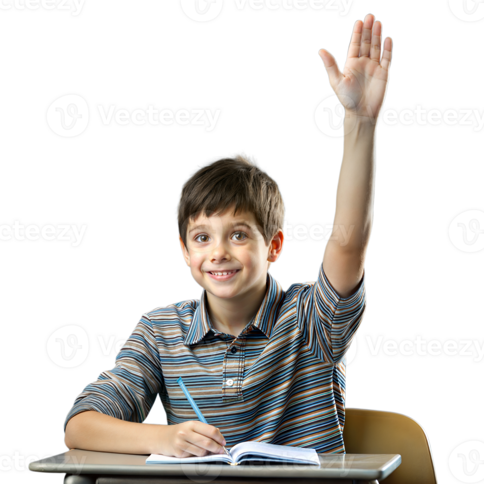 Young Boy Raising Hand Eagerly in Classroom Setting Ready to Answer Question png