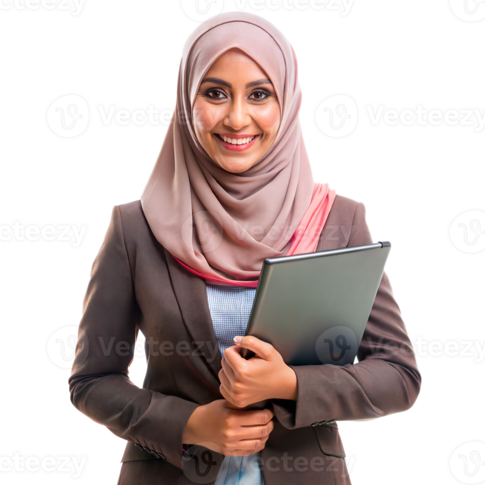 Smiling Professional Woman in Hijab Holding Tablet With Transparent Background png