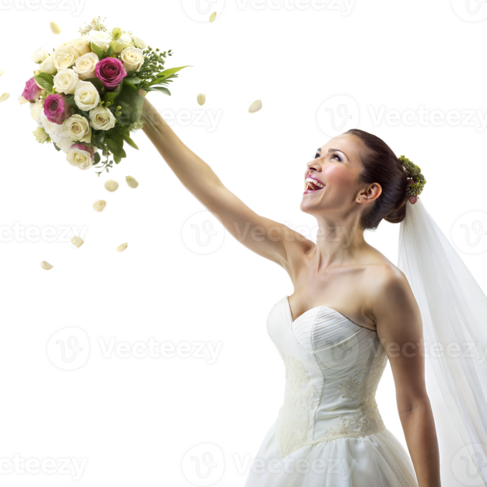 Sparkling Bride Throws Her Bouquet with a Joyful Expression on Transparent Background png