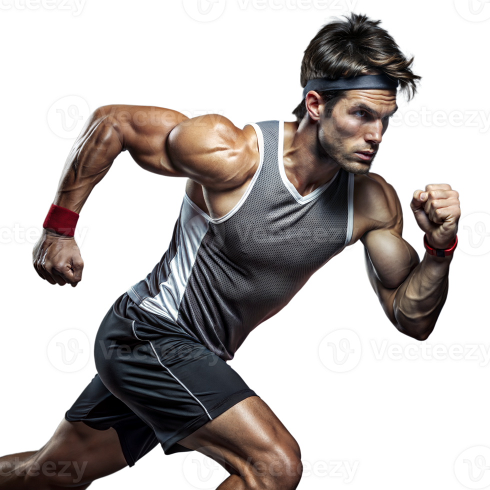 Athletic Man in Running Pose Showcasing His Muscular Physique and Dynamic Movement png