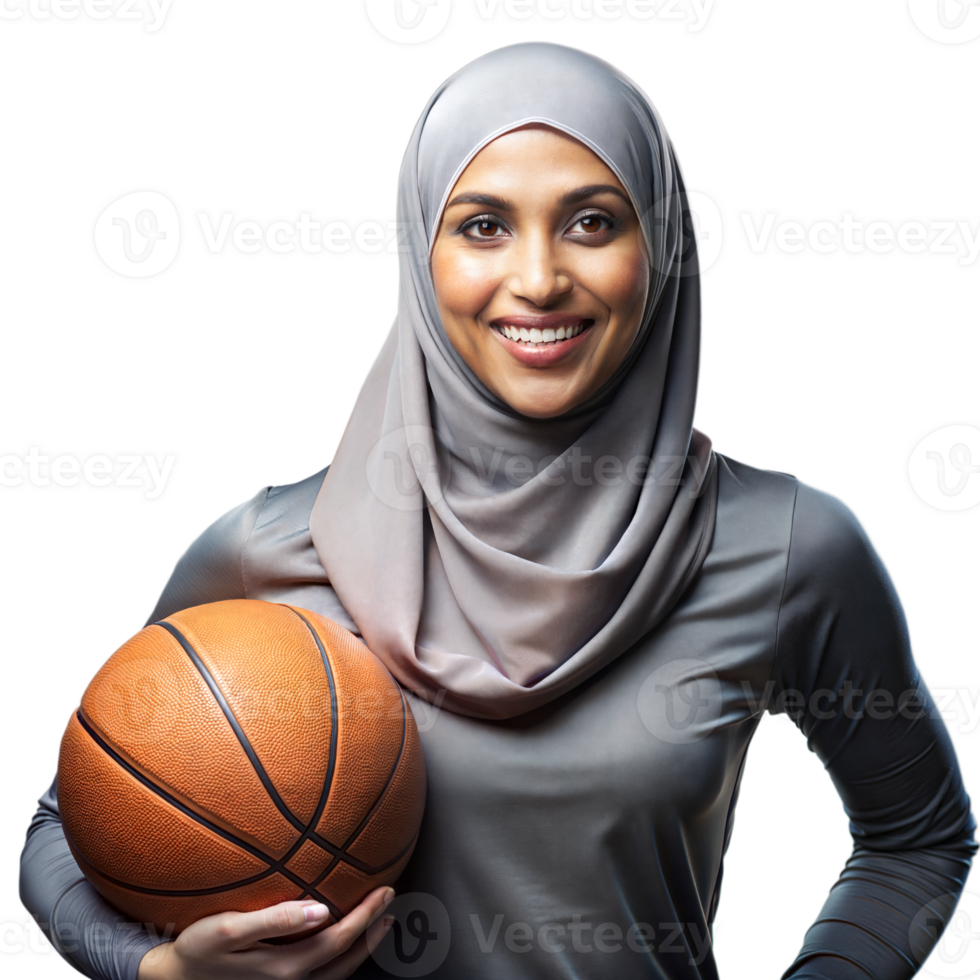 zelfverzekerd jong vrouw in hijab Holding een basketbal klaar naar Speel png