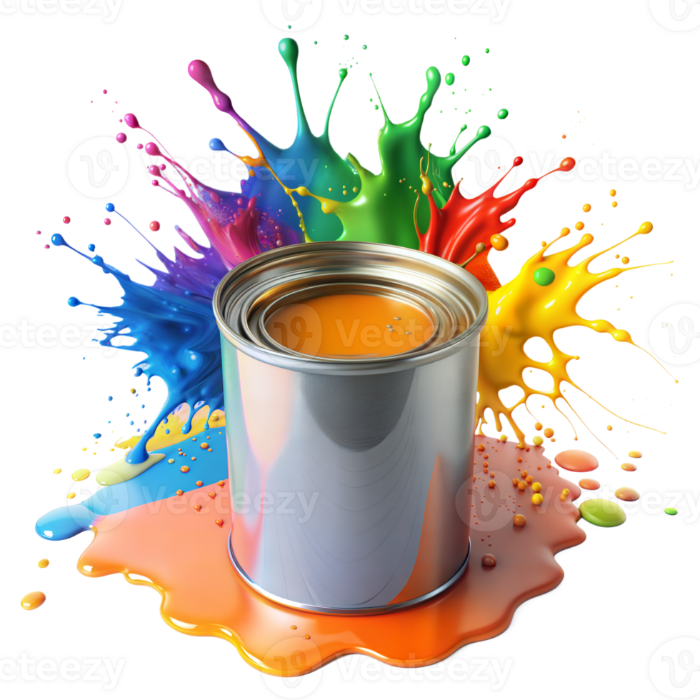 Colorful Paint Splatters Around an Open Can on a Transparent Background png