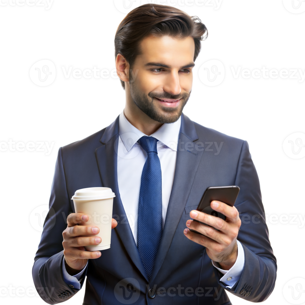 Smiling Businessman Holding Coffee Cup and Smartphone on Transparent Background png