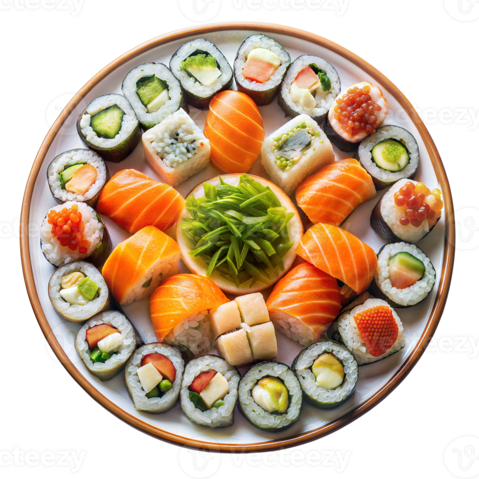 sortiert Teller von Sushi und Sashimi serviert auf ein runden Teller auf ein transparent Hintergrund png