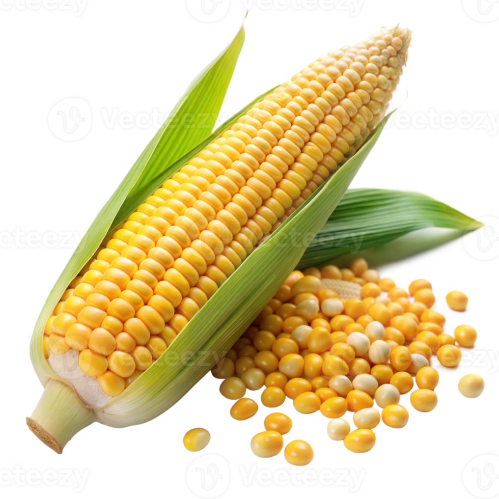 Fresh Corn Ear With Husks and Loose Kernels on a Transparent Background png