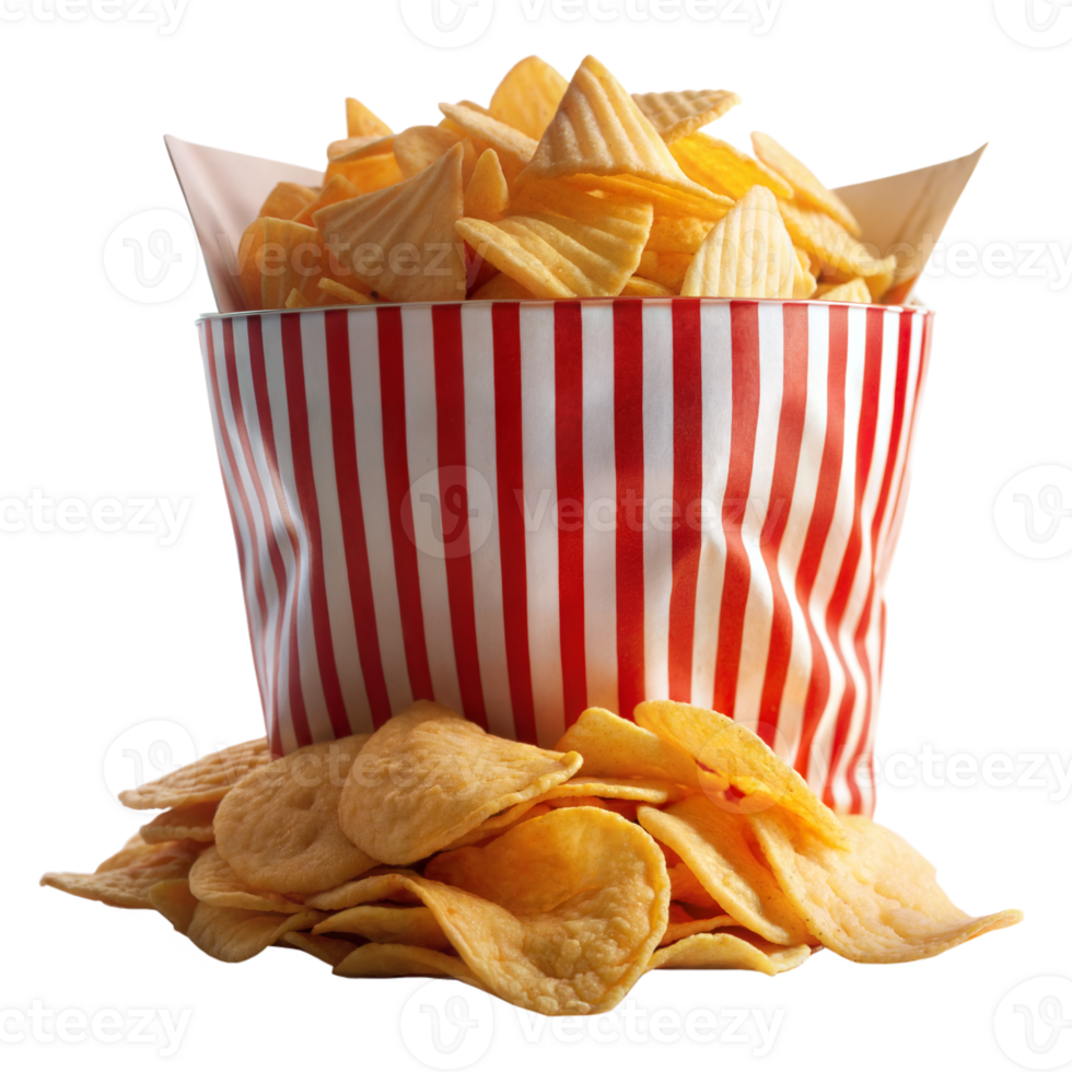 Overflowing Bucket of Crispy Potato Chips With a Transparent Background png