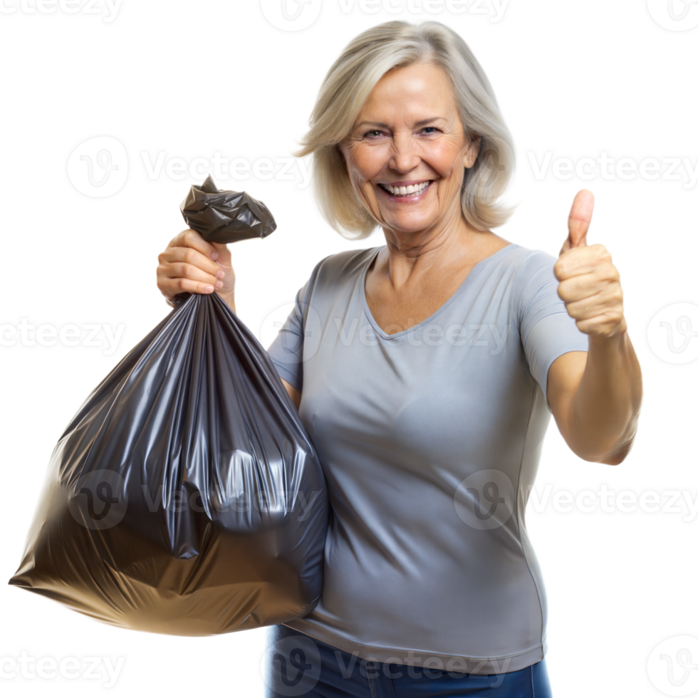 Smiling Woman Proudly Holding a Full Trash Bag With a Thumbs Up Gesture png