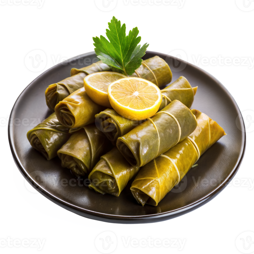 Traditional Stuffed Grape Leaves on a Dark Plate, Presented Elegantly With Lemon and Parsley png