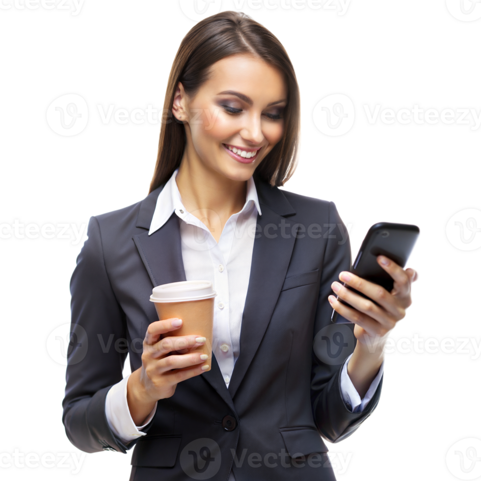 Smiling Businesswoman in Suit Holding Coffee and Smartphone Against Transparent Background png