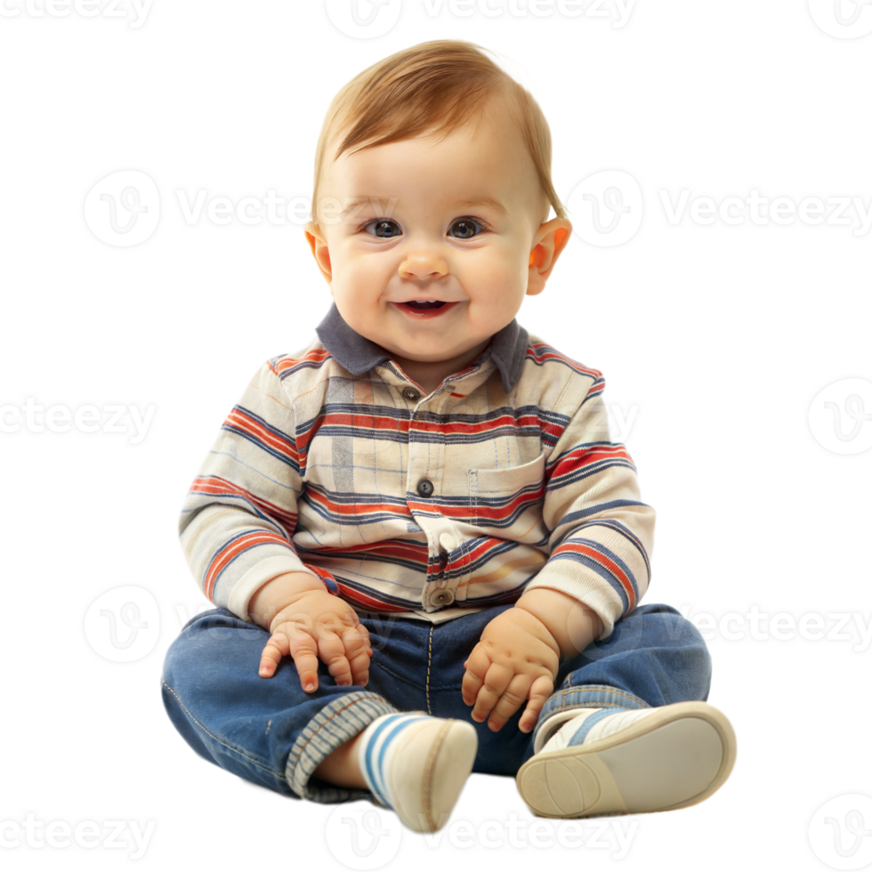 Smiling Baby Boy Sitting Wearing Striped Shirt and Blue Jeans on Transparent Background png