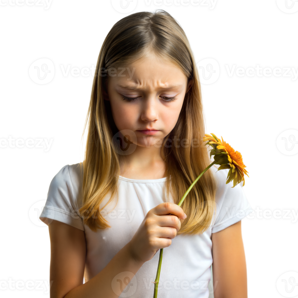 Young Girl Holding A Yellow Flower With A Sad Expression On A Transparent Background png