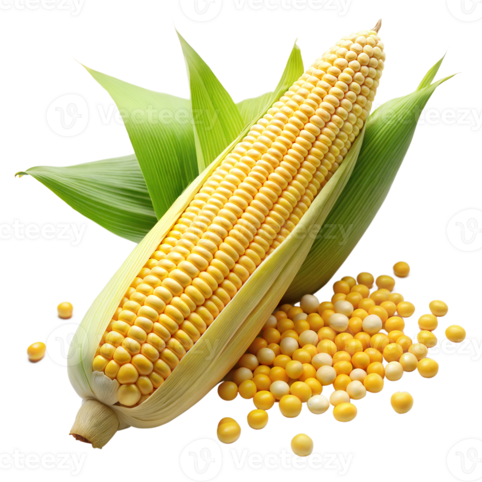 Fresh Corn Cob With Husk and Loose Kernels on Transparent Background png