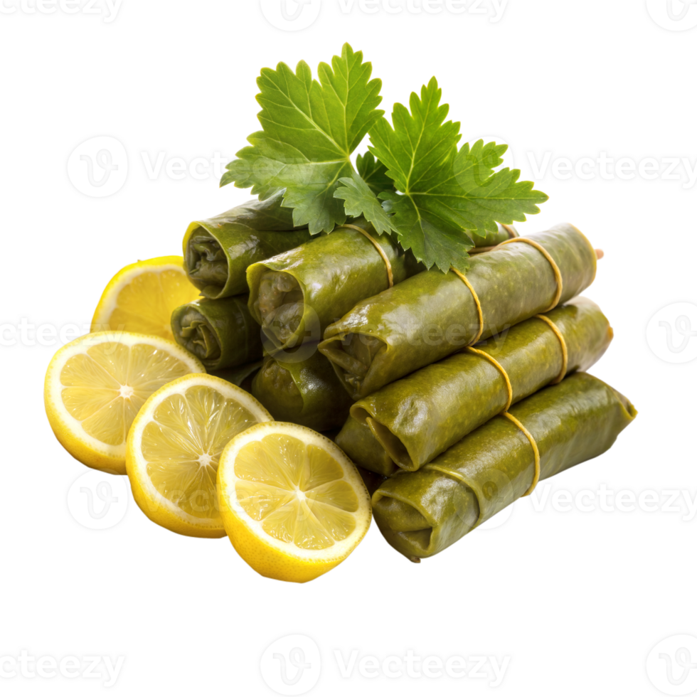 Delicious Mediterranean Cuisine, Stuffed Grape Leaves With Lemon Slices png