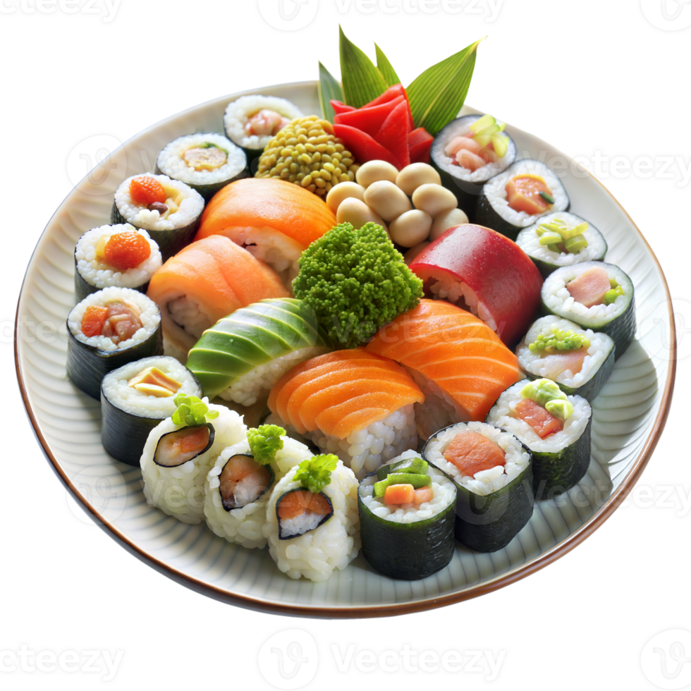 Assorted Japanese Sushi and Sashimi Platter on a White Plate With Transparent Background png