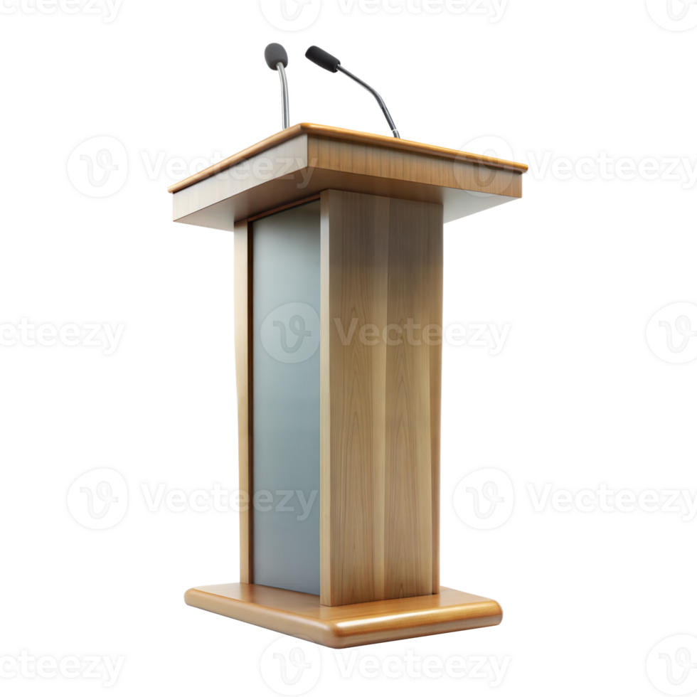 modern hölzern Podium mit Mikrofone auf ein transparent Hintergrund png