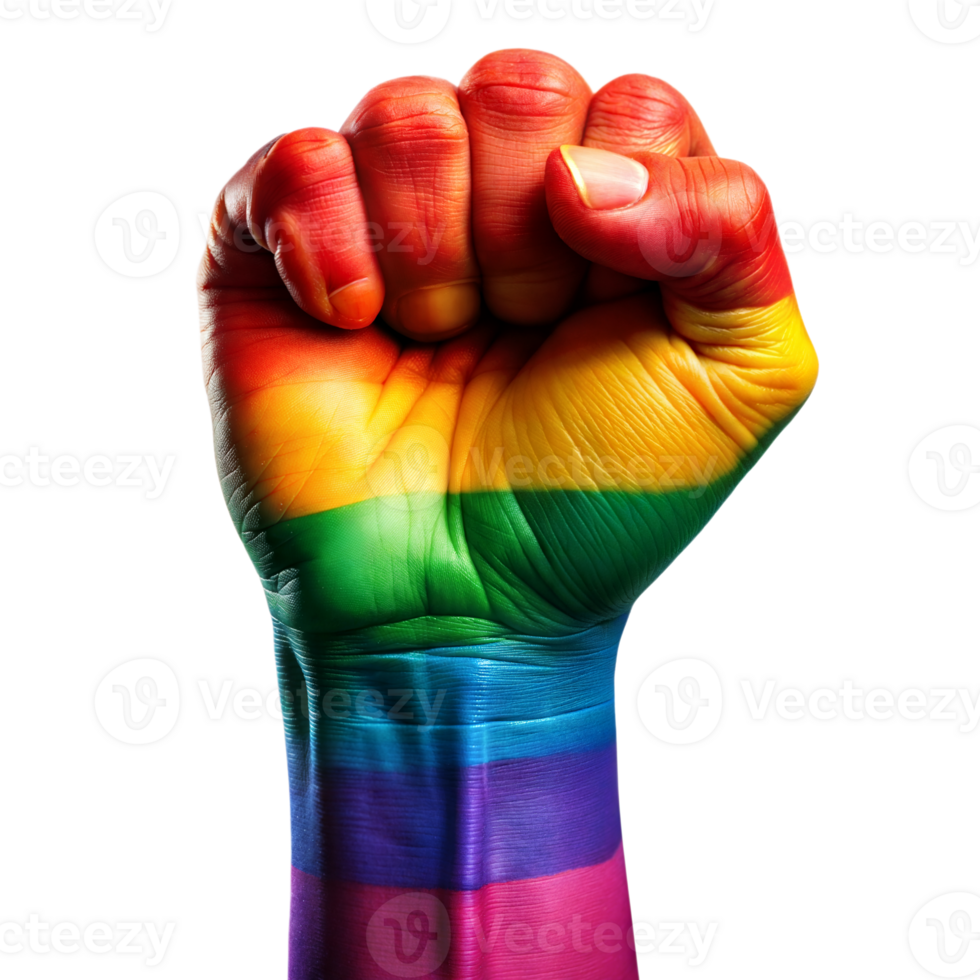 verheven vuist geschilderd in regenboog kleuren symboliseert lgbtq trots en solidariteit png