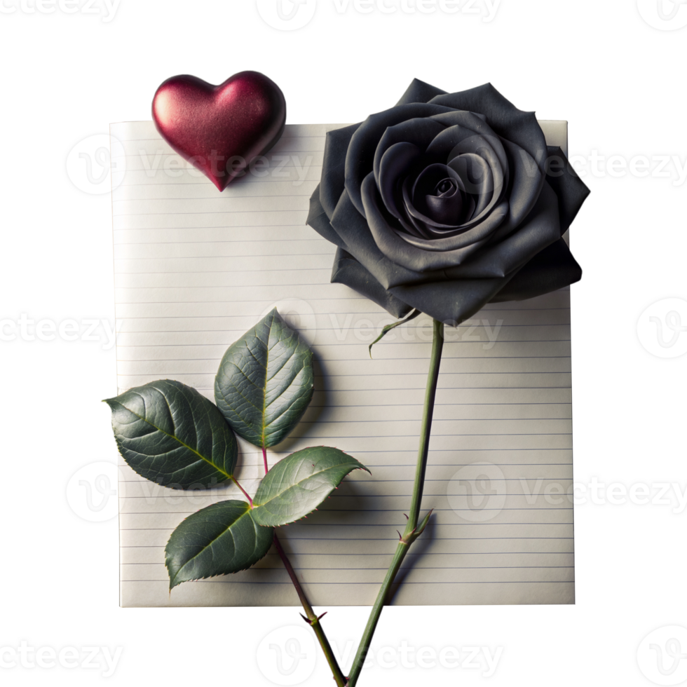 Black Rose and Red Heart on Lined Paper Signifying Romance and Mystery png