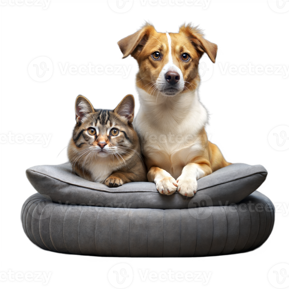 Dog and Cat Sitting Together on a Grey Cushion With Transparent Background png