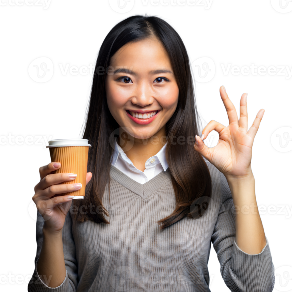 sonriente joven mujer participación café taza y haciendo Okay firmar con mano png