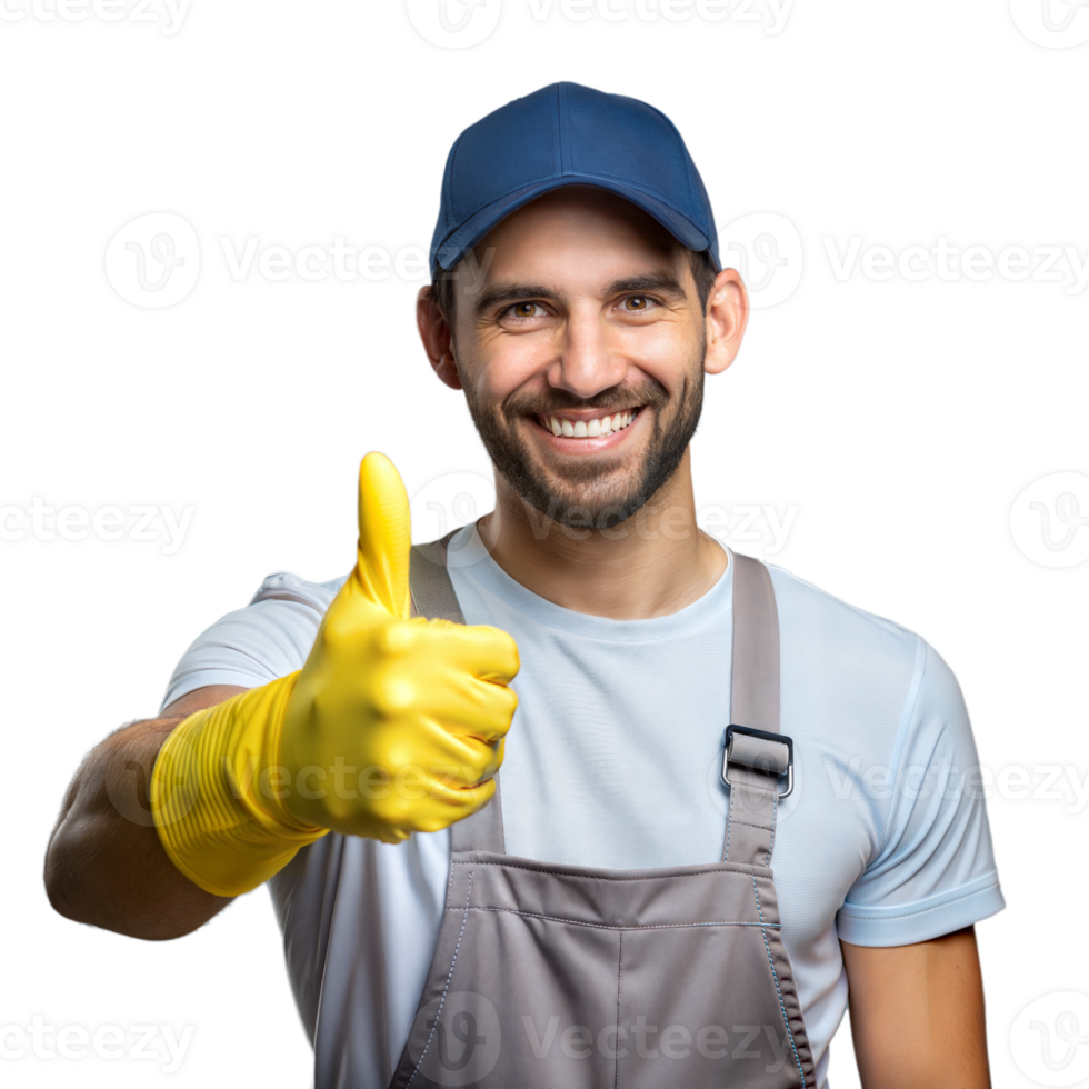 Cheerful Worker in Overalls and Yellow Gloves Giving Thumbs Up png