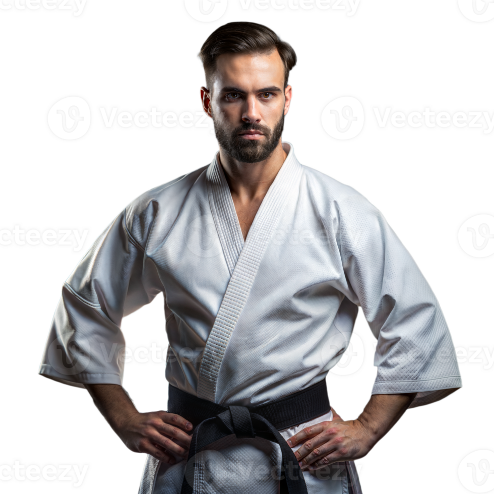 Confident Martial Artist in White Gi With Black Belt Posing Against Transparent Background png