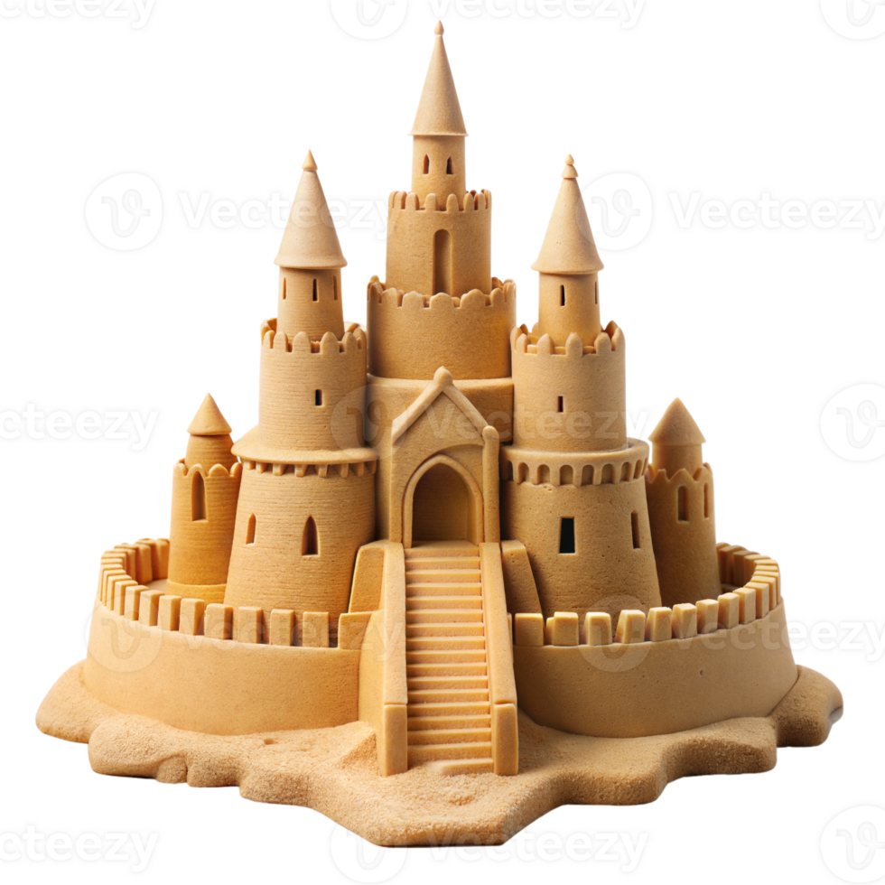 Elaborate Sandcastle Mimicking Medieval Architecture on a Clear Day png