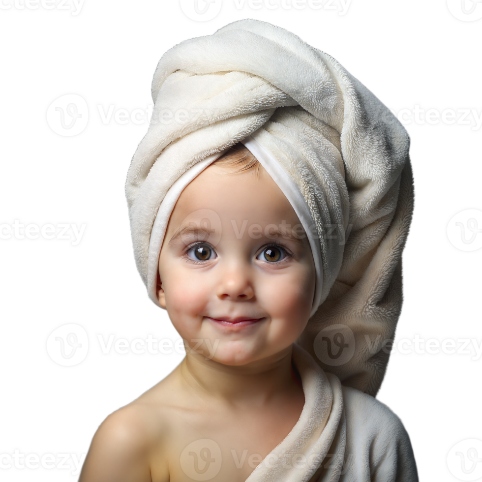 retrato do sorridente pequeno Garoto com dele cabeça embrulhado dentro uma toalha png