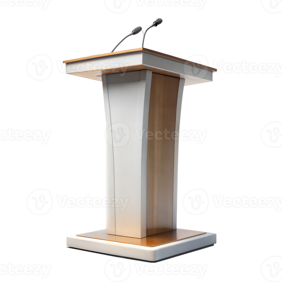 modern hölzern Podium mit Dual Mikrofone auf ein transparent Hintergrund png