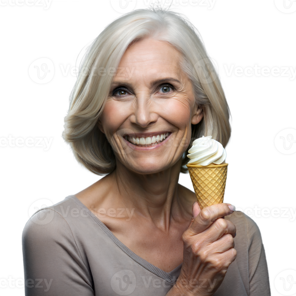 Smiling Senior Woman Enjoying Vanilla Ice Cream Cone in a Studio Setting png