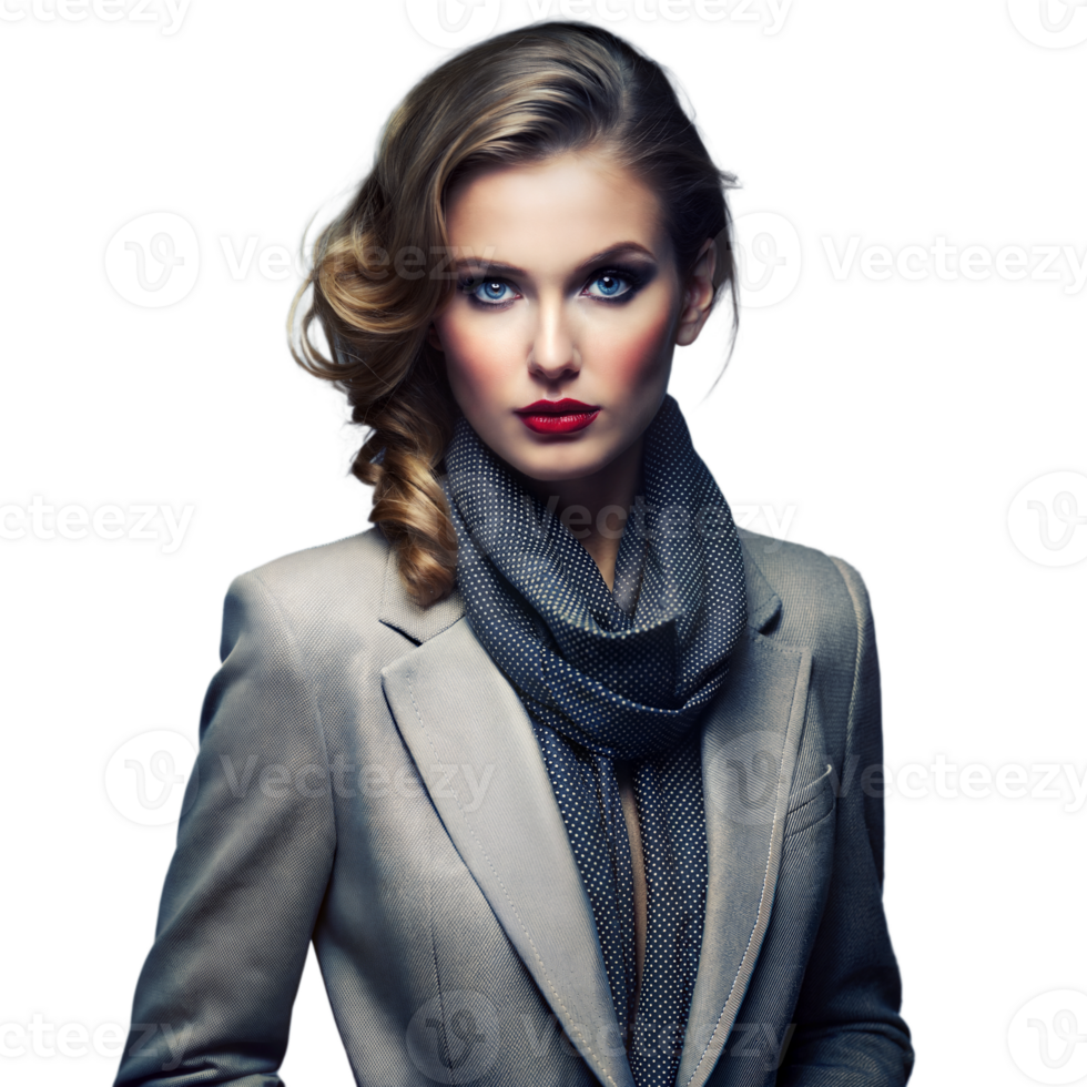 Elegant Woman Posing in Stylish Business Attire With Scarf Indoors png