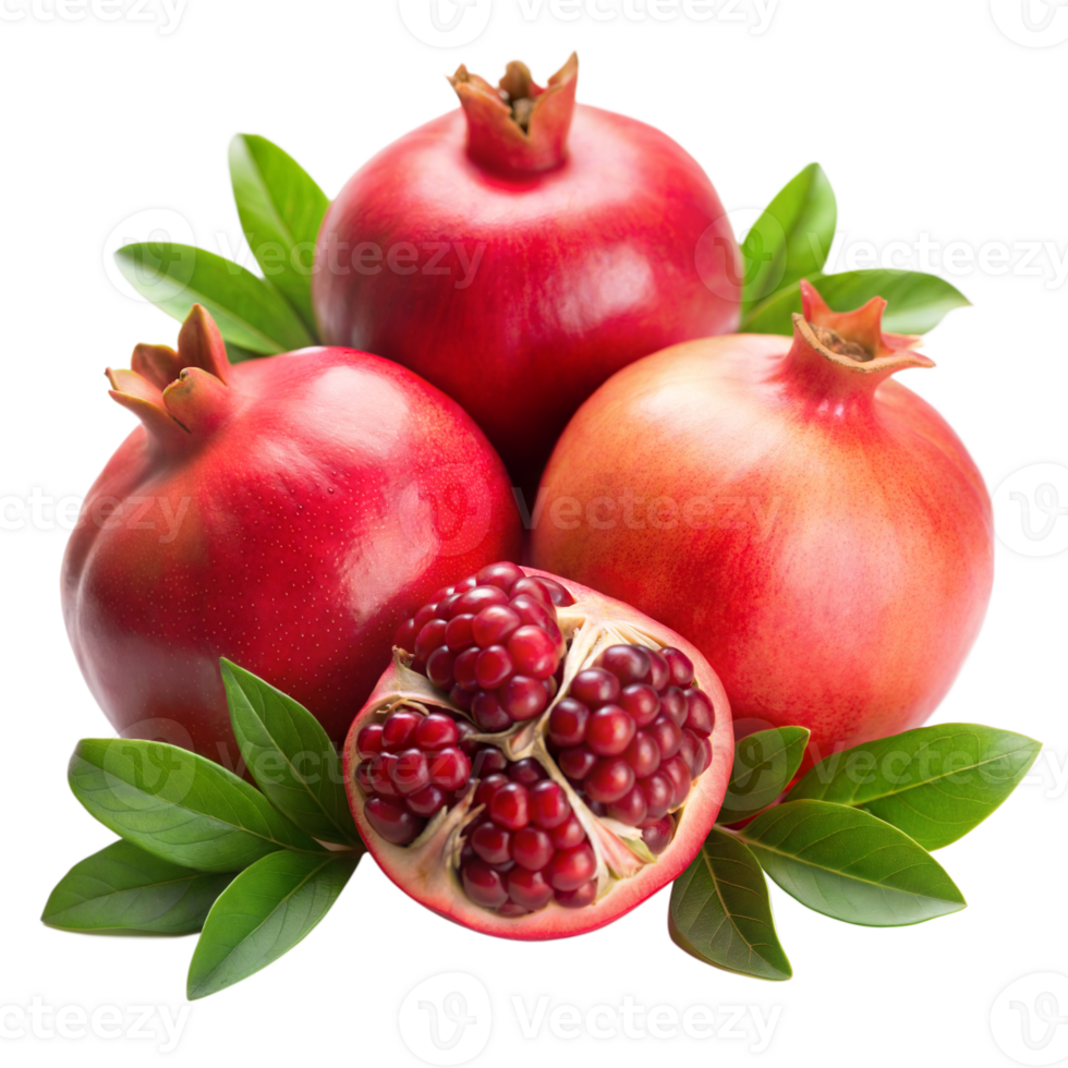 Fresh Pomegranates With One Cut Open Revealing Seeds on a Transparent Background png