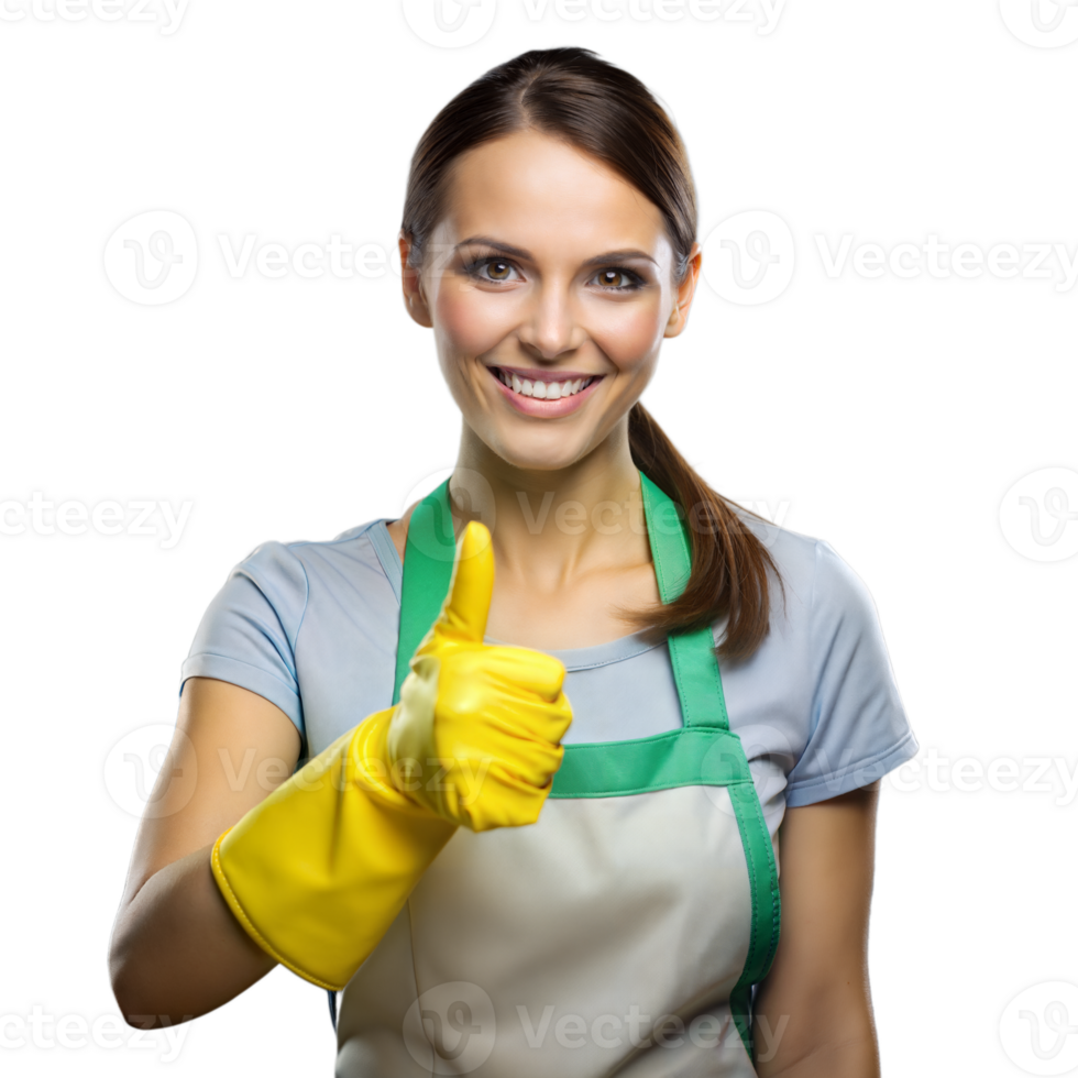 souriant femme dans vert tablier donnant les pouces en haut portant Jaune gants png