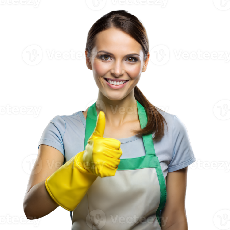 Smiling Woman in Green Apron Giving Thumbs Up Wearing Yellow Gloves png