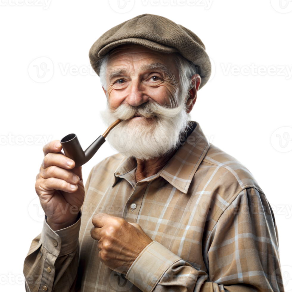 Elderly Man With White Mustache Wearing Flat Cap Posing With Pipe png