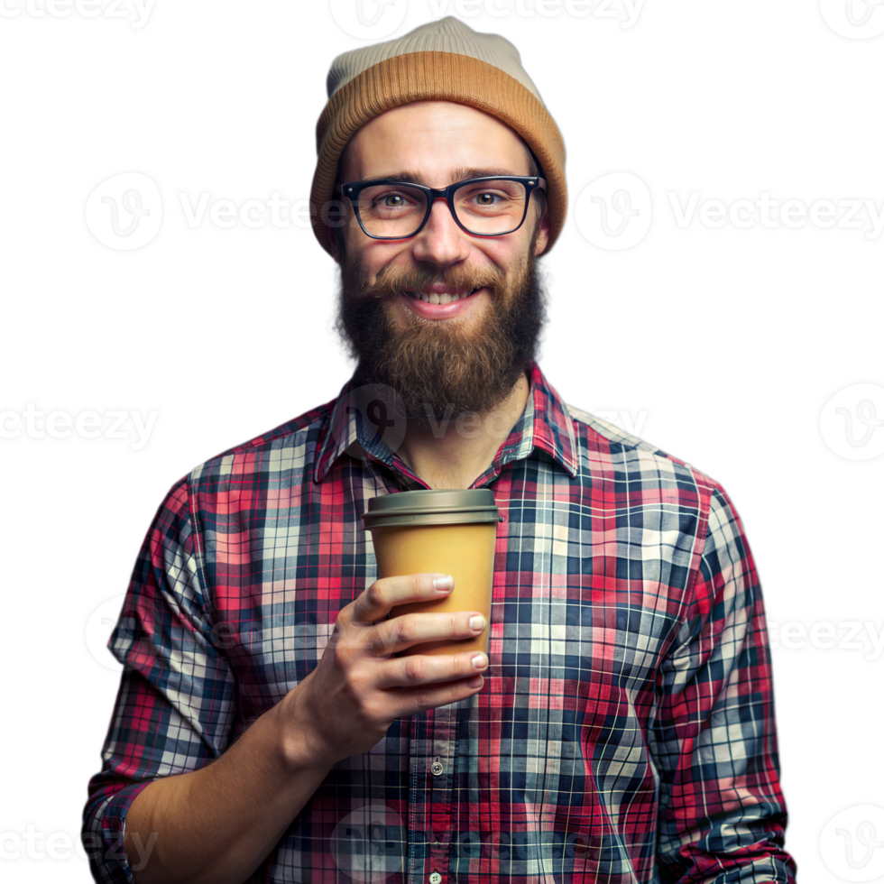 Smiling Bearded Man in Plaid Shirt Holding a Coffee Cup on a Bright Day png