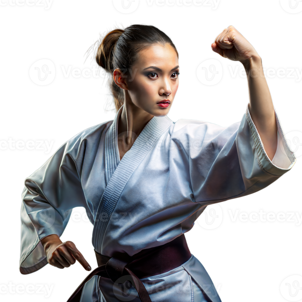 Female Martial Artist in Blue Gi Demonstrating a Karate Pose png