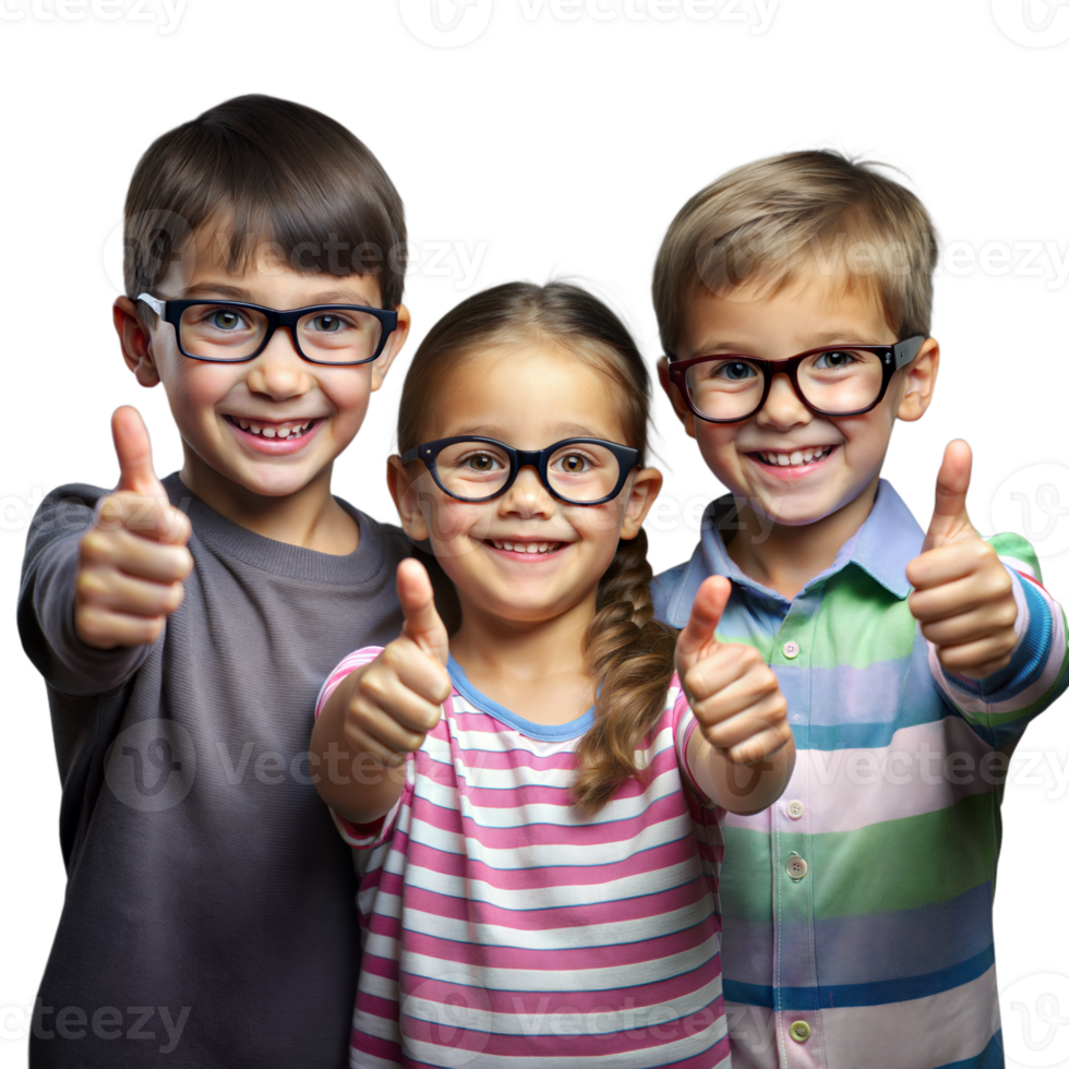 Trois souriant les enfants avec des lunettes donnant les pouces en haut dans studio réglage png