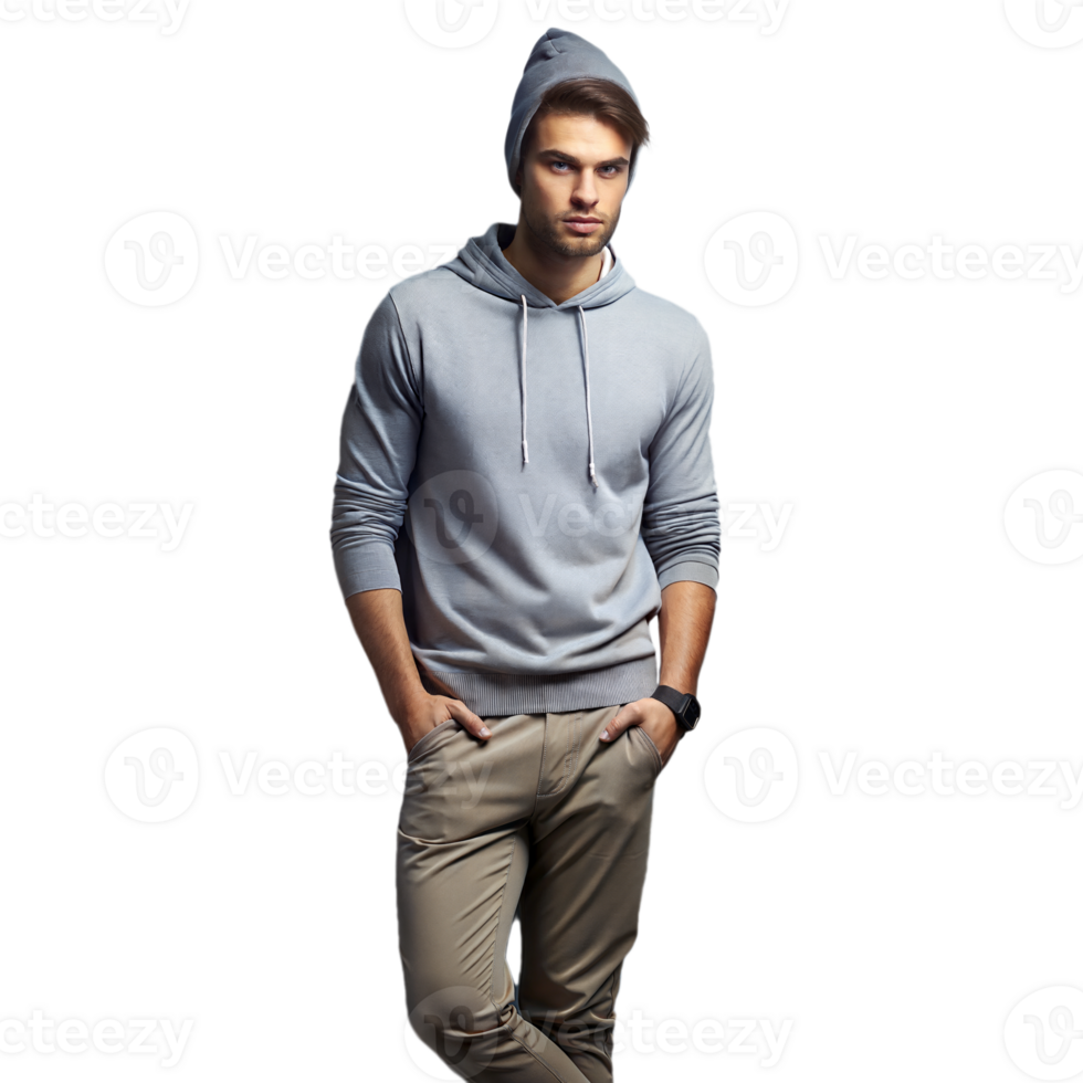 Casual Fashion Model Posing in Blue Hoodie and Khaki Pants png