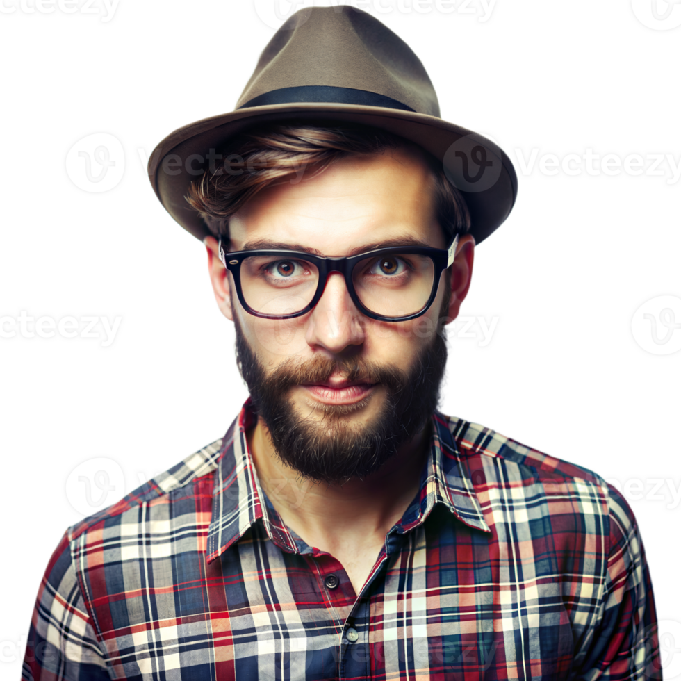 elegante joven hombre con barba y lentes vistiendo sombrero y tartán camisa png