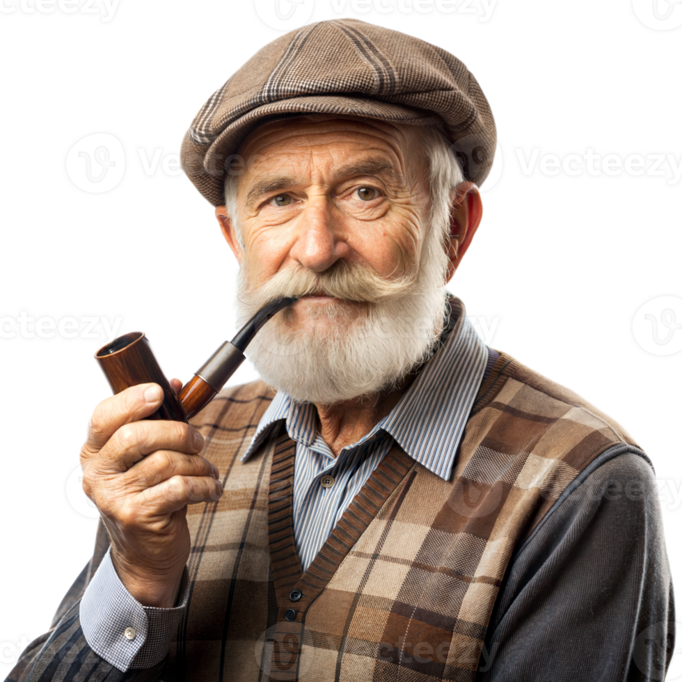 Elderly Man With Tweed Cap Posing With Pipe Against Transparent Background png