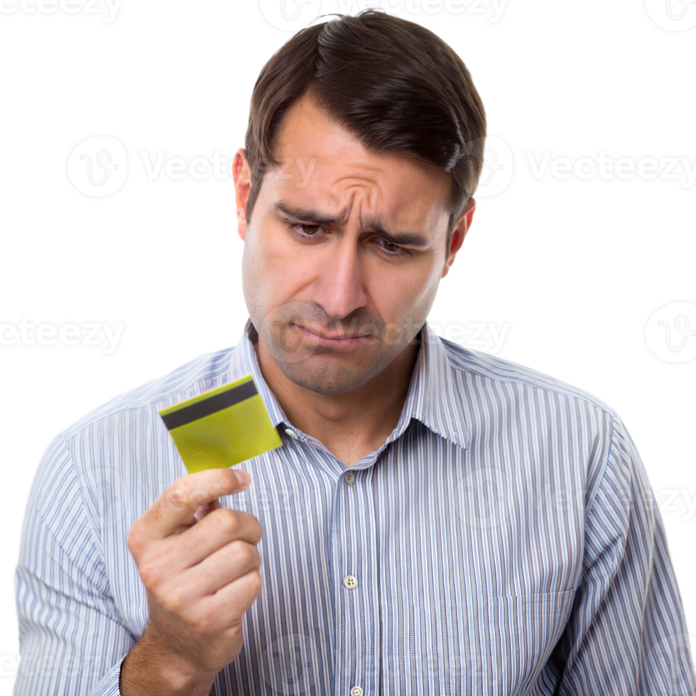 Man Frowning While Examining His Yellow Credit Card With Skepticism png