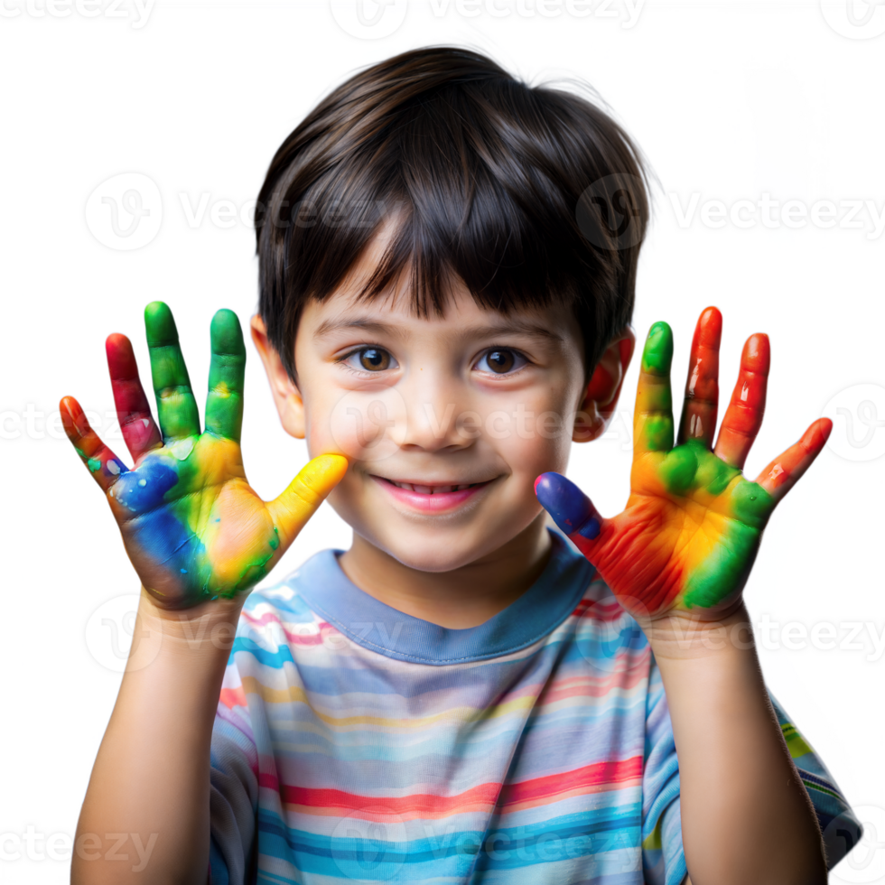 souriant Jeune garçon fièrement affiche coloré recouvert de peinture mains à l'intérieur png