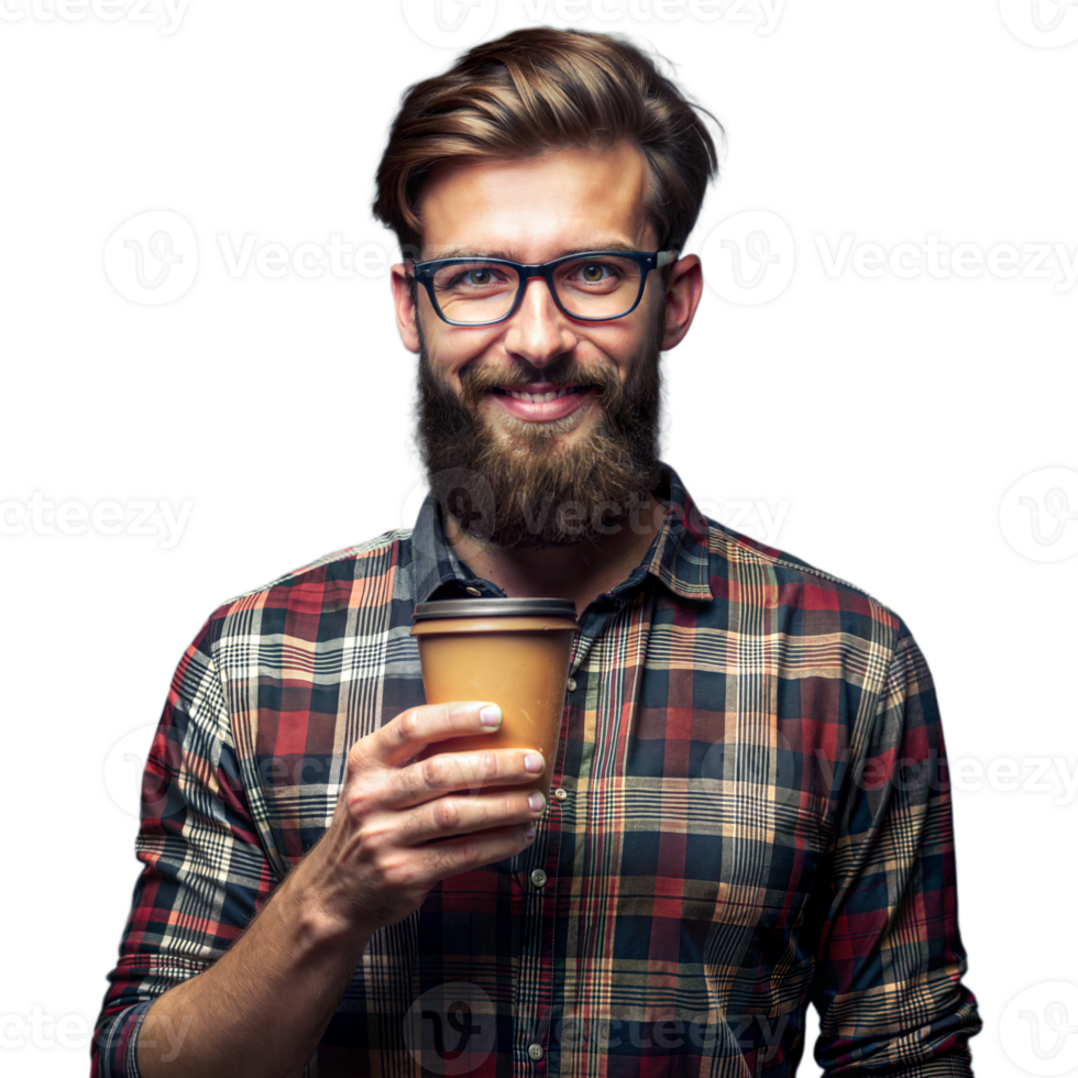 Smiling Bearded Man in Plaid Shirt Holding Coffee Cup Against Transparent Background png