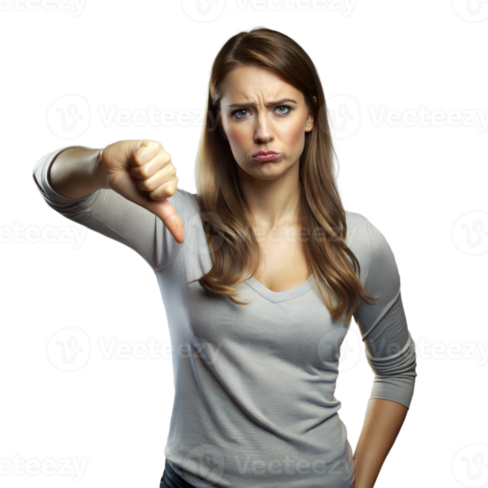 Dissatisfied Young Woman Giving Thumbs Down Gesture in Studio Setting png