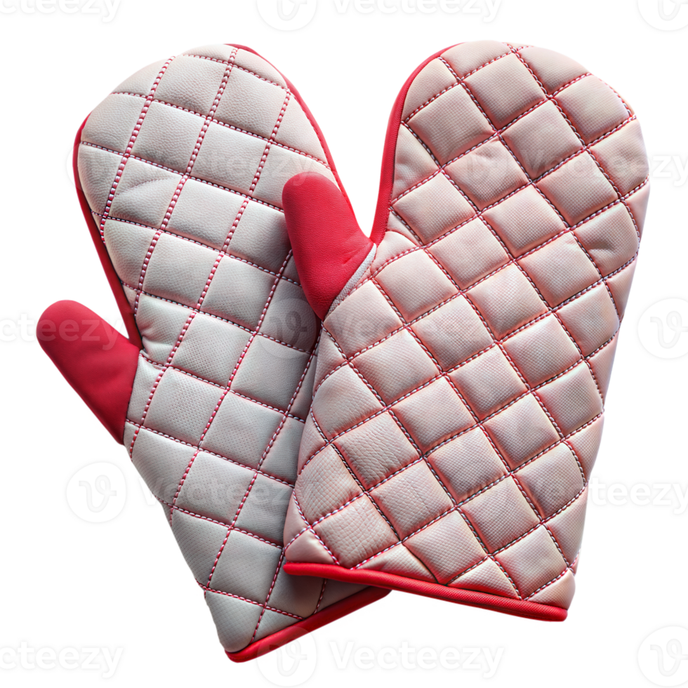 Pair of Red and White Quilted Oven Mitts Isolated on Transparent Background png