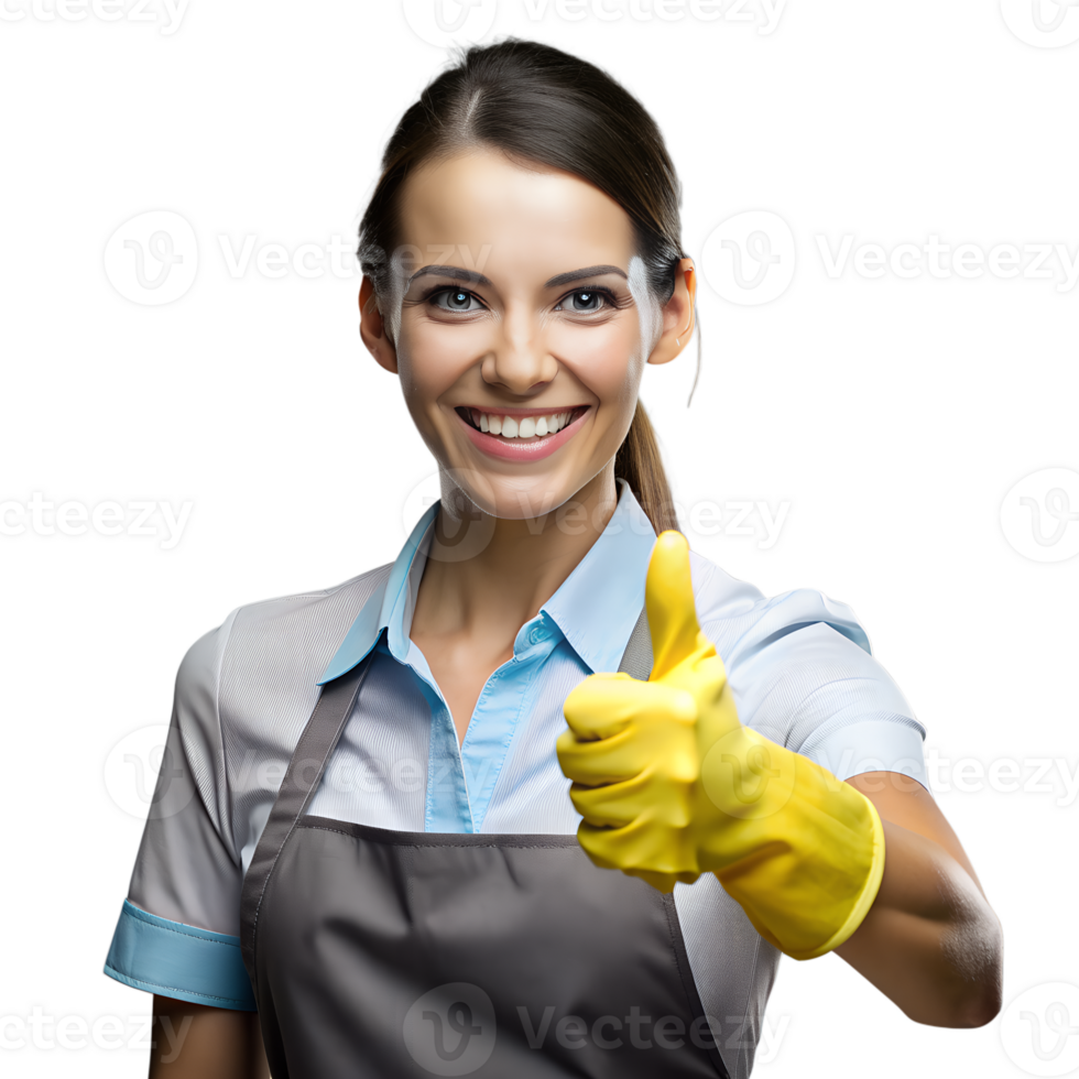 Smiling Woman in Apron and Yellow Gloves Giving Thumbs Up Gesture png